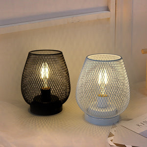 Retro iron art table lamp, battery-powered, birdcage design, bedside decor.