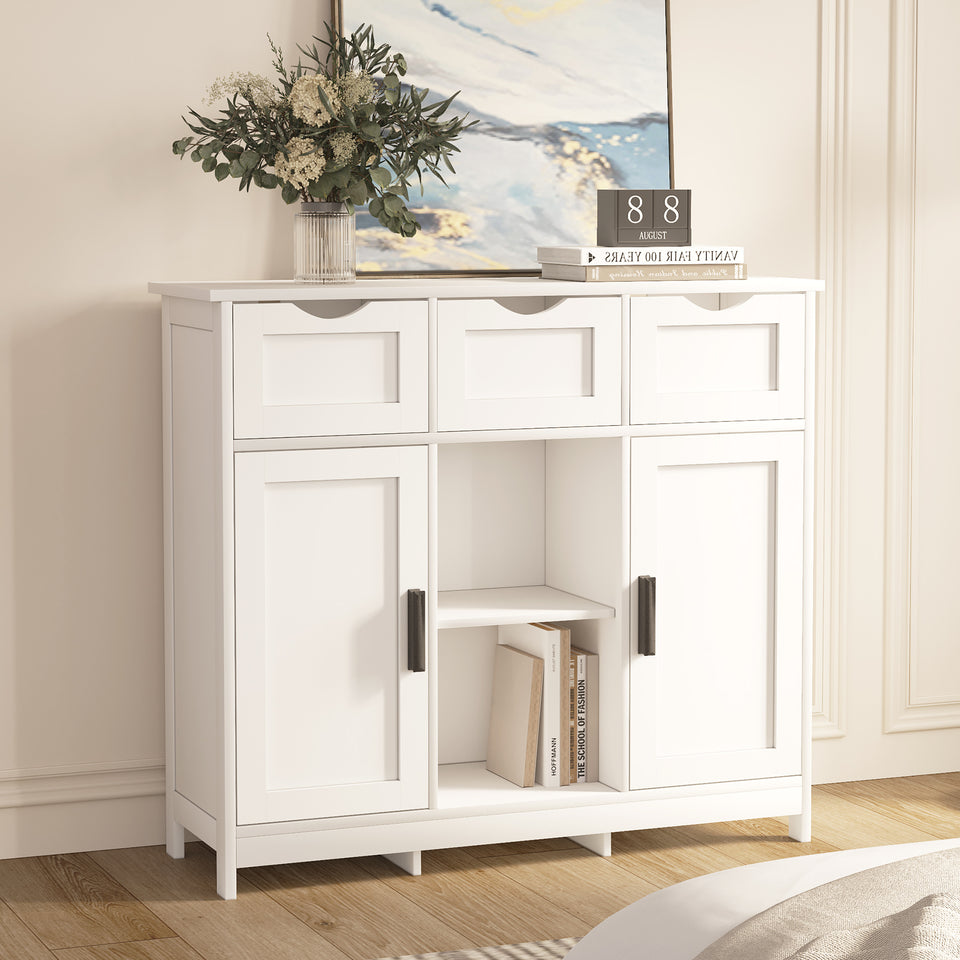 White cabinets with drawers and shelves for living room, bedroom, bathroom decor.