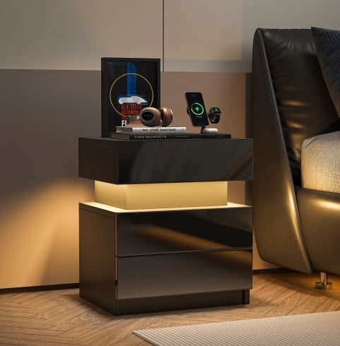 Modern black LED nightstand with 2 high gloss drawers for bedroom.