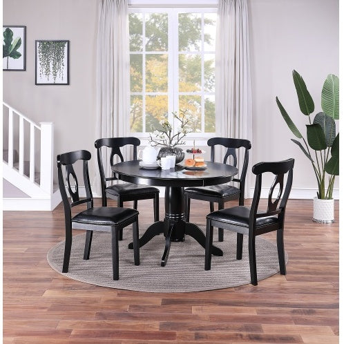 Classic 5pc dining set, round table, 4 chairs, fabric upholstery, rubberwood, black.