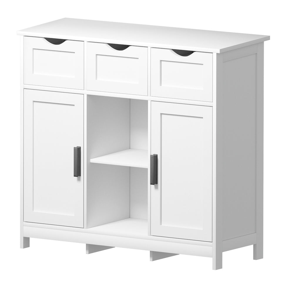 White cabinets with drawers and shelves for living room, bedroom, bathroom decor.