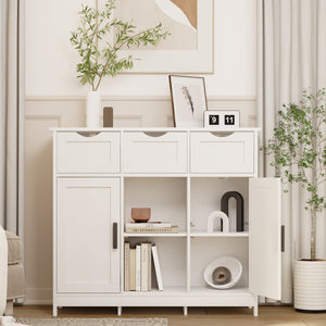 White cabinets with drawers and shelves for living room, bedroom, bathroom decor.