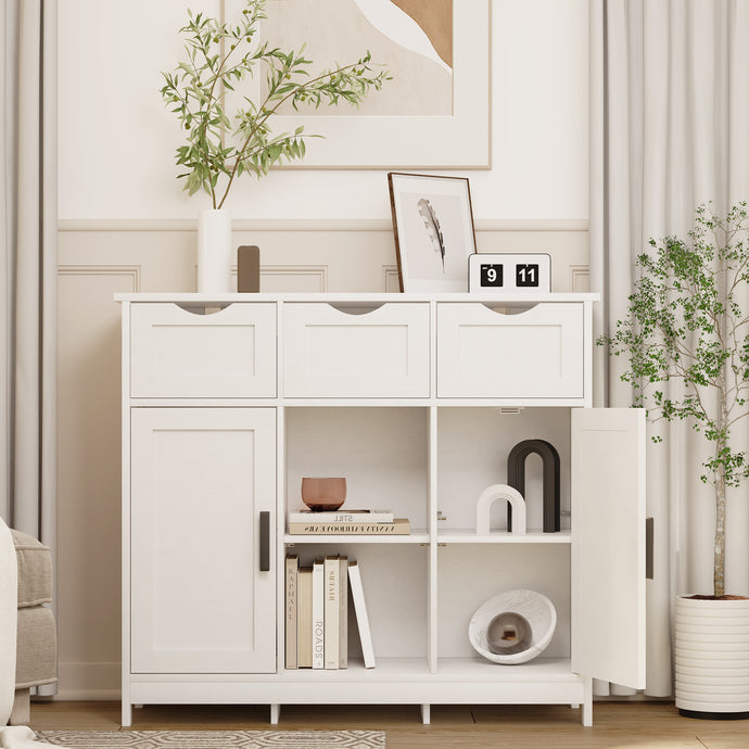 White cabinets with drawers and shelves for living room, bedroom, bathroom decor.
