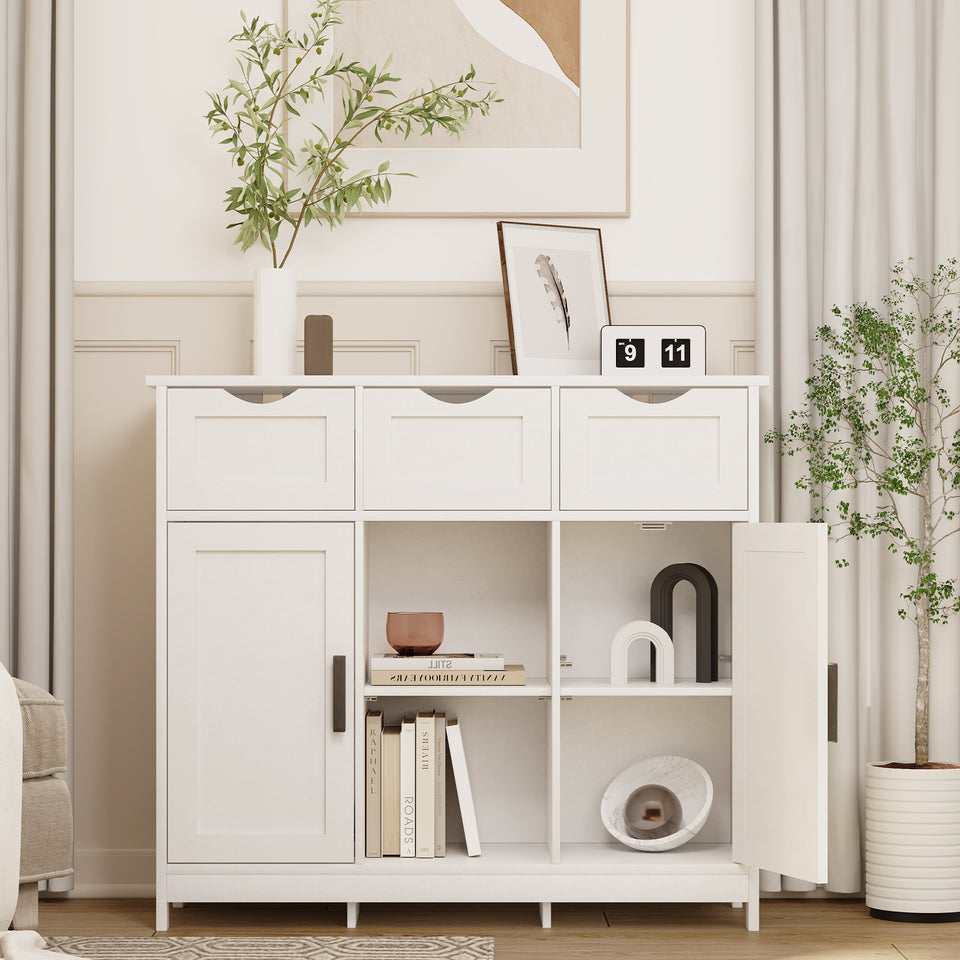 White cabinets with drawers and shelves for living room, bedroom, bathroom decor.