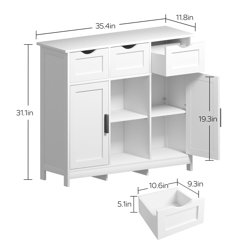 White cabinets with drawers and shelves for living room, bedroom, bathroom decor.