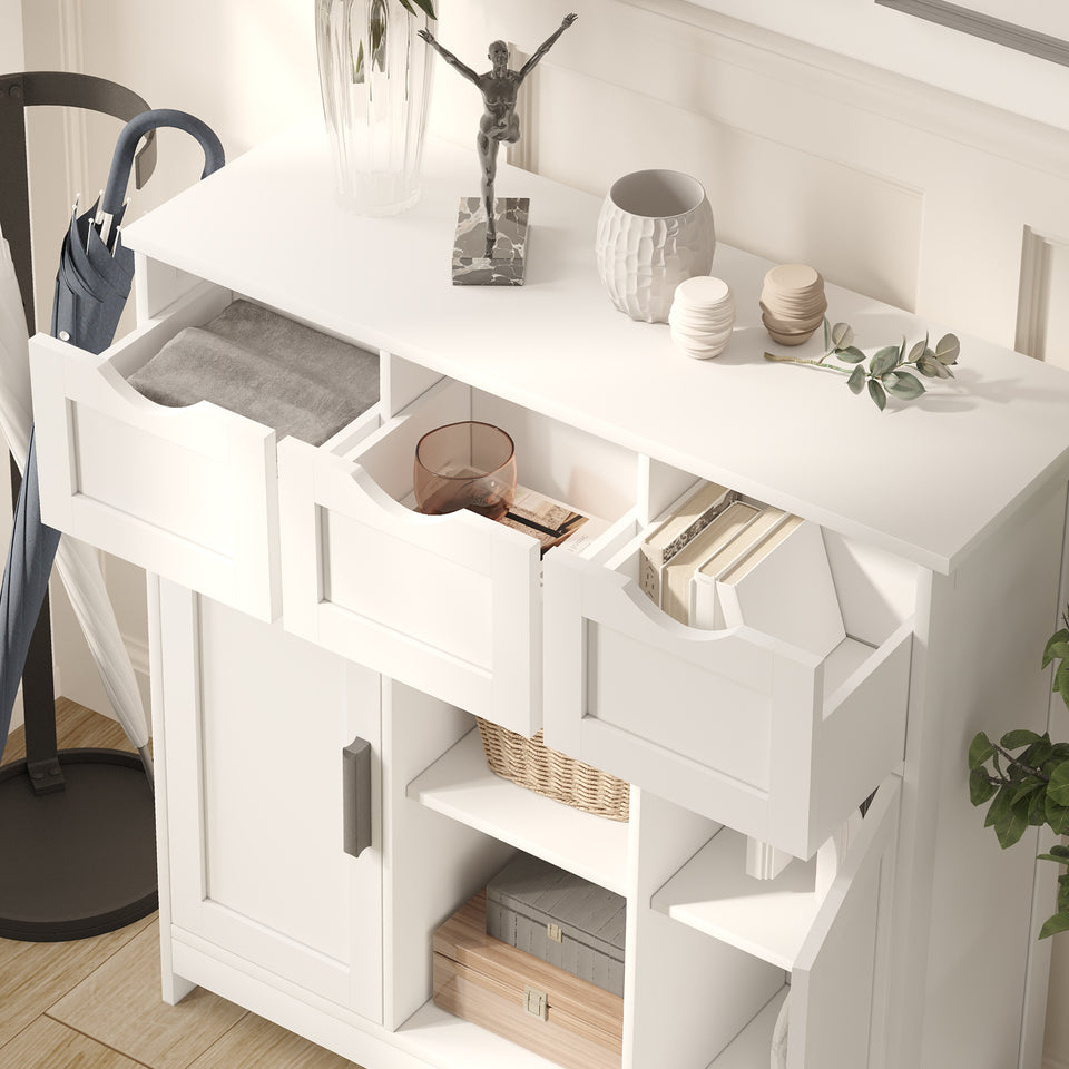White cabinets with drawers and shelves for living room, bedroom, bathroom decor.